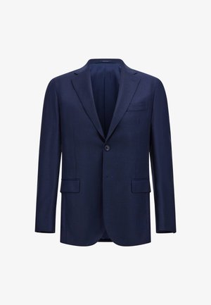 Námornícky modrý blazer vyrobený z textúrovaného materiálu, s jedným gombíkom, dvoma prednými vreckami a dizajnom s výstrihom do "V".