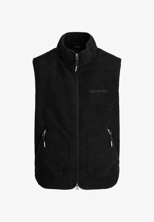 Crni flis bezrukavnik s visokim ovratnikom, središnjim patentnim zatvaračem i dva prednja džepa s patentnim zatvaračem, izrađen od mekog teksturiranog materijala.