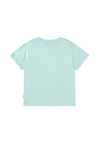Lichtblauwe katoenen T-shirt, korte mouwen, ronde hals, eenvoudige uitstraling, losse pasvorm, met een klein merklabel aan de onderzijde.