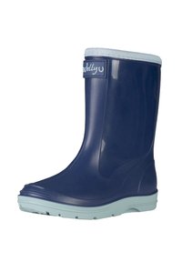 Stivale da pioggia in gomma blu navy con un risvolto in tessuto azzurro e una suola testurizzata. Presenta un'etichetta con il logo sul lato; superficie liscia e lucida.
