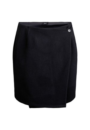 Black wrap skirt with a single button closure on the side, made of smooth fabric, knee-length with a slight overlap detail.