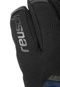 Svarta handskar i stretchigt material med sydda detaljer. "Reusch"-logotyp i grått på sidan, tumöppningen synlig.