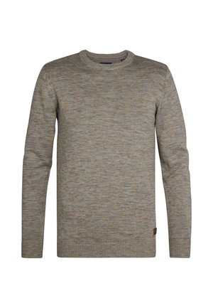 Pulover cu guler rotund și mânecă lungă, într-un model tricotat multicolor în tonuri stinse, cu manșete și tiv nervurate, prezentat pe un fundal alb.