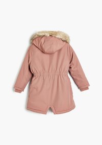 Parka rosa con cappuccio in pelliccia artificiale, vita aderente, maniche lunghe e orlo arrotondato. Realizzata in tessuto liscio e resistente alle intemperie.