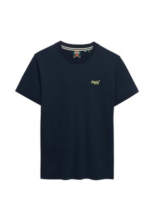 Sort kortærmet T-shirt med rund hals og en lille gul "Superdry"-logo på venstre bryst samt stribet detalje på indersiden af kraven.