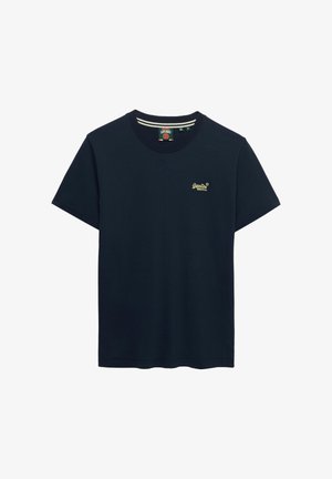 Sort kortærmet T-shirt med rund hals og en lille gul "Superdry"-logo på venstre bryst samt stribet detalje på indersiden af kraven.