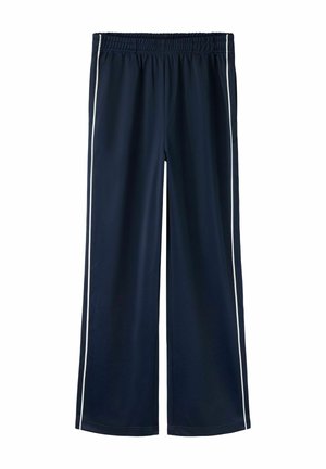 Tumesinised laia säärega püksid elastse vöökohaga ja valgete küljeribadega, esitatud tasapinnaliselt valgel taustal.