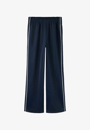 Tumesinised laia säärega püksid elastse vöökohaga ja valgete küljeribadega, esitatud tasapinnaliselt valgel taustal.