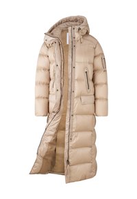 Beige lange pufferjas met capuchon, gewatteerde textuur, ritsen, zijzakken en verstelbare trekkoorden bij de hals.