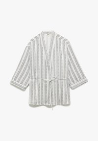 Szaro-biały, pasiasty kimono z krawatem w talii, posiadający rękawy trzy czwarte i fakturowany materiał.