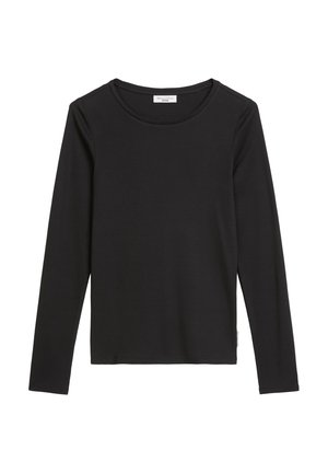 Czarna, długorękawowa koszula wykonana z miękkiego, elastycznego materiału. Posiada okrągły dekolt, dopasowany krój oraz subtelną metkę z logo po boku.