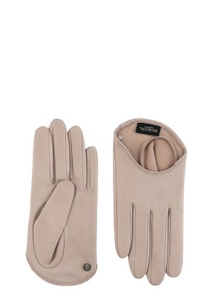 Pair of beige leather gloves, one showing palm with snap button, the other inside-out with brand label visible.