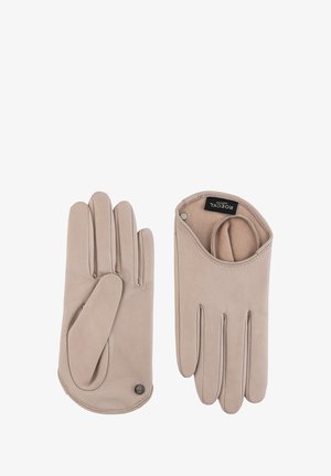 Paar beige Lederhandschuhe, eines zeigt die Handfläche mit Druckknopf, das andere inside-out mit sichtbarem Markenetikett.