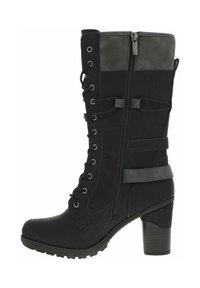 Botte noire montante en cuir et tissu texturé, à bout arrondi, avec un lacement sur le devant, une fermeture éclair sur le côté et un talon épais.