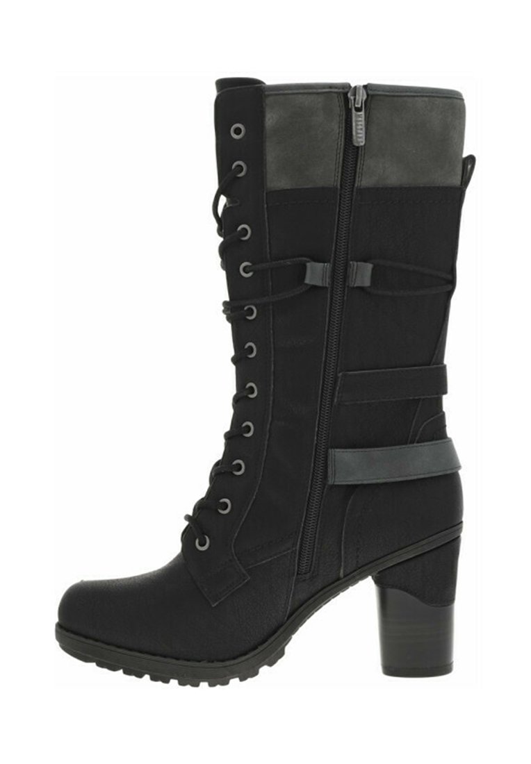 Botte noire montante en cuir et tissu texturé, à bout arrondi, avec un lacement sur le devant, une fermeture éclair sur le côté et un talon épais.