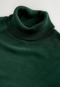 Pulover de culoare verde închis, cu guler înalt, textură moale, vedere de aproape care scoate în evidență materialul neted și detalii subtile de cusătură.