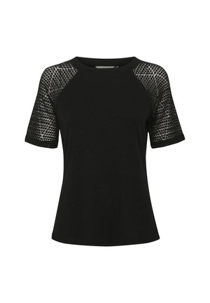 Musthave musta lühikeste varrukatega topp, ümmarguse kaeluse ja kudumifailiga, millel on pitsikujulised läbipaistvad varrukad, ühtlane sile tekstuur.