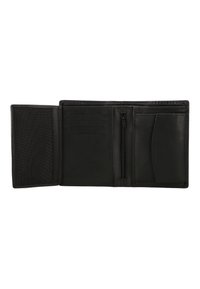 Černá kožená peněženka s otevřeným designem, obsahující více přihrádek na karty, zipovou kapsu a hladký povrch.