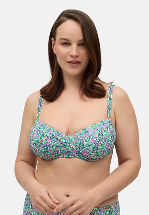 Top de bikini con aros en flores en verde, púrpura y rosa. Presenta tirantes ajustables y un diseño de tela fruncida. Material suave y elástico.