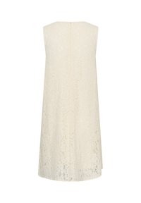Robe en dentelle crème sans manches, longueur genou, vue de dos, à la coupe droite et motif floral subtil. Aucun système de fermeture visible.