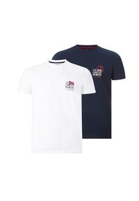 Zwei kurzärmelige T-Shirts: eines in Weiß mit einem roten und marineblauen Logo und eines in Marineblau mit einem ähnlichen Design. Aus Baumwollmaterial, Rundhalsausschnitt.