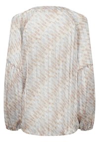 Blusa a maniche lunghe in tessuto leggero e fantasia che presenta tonalità di beige e blu. Polsini elastici e una vestibilità rilassata con scollatura rotonda.