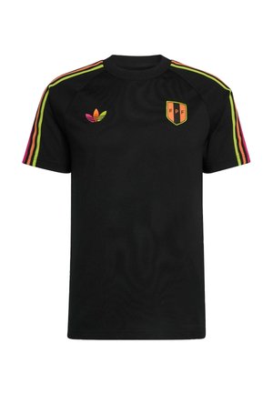 Black short-sleeve shirt with multicolor Adidas logo on left chest, FPF orange and black shield on right chest, and neon stripes on sleeves.