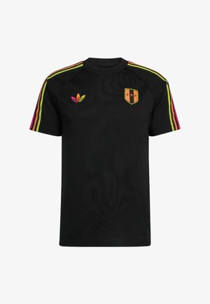 Black short-sleeve shirt with multicolor Adidas logo on left chest, FPF orange and black shield on right chest, and neon stripes on sleeves.