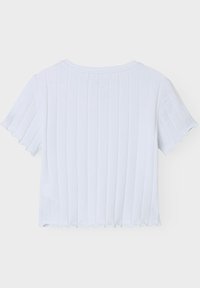 White ribbed short-sleeve top, featuring scalloped edges and a cropped shape. The fabric is smooth with vertical texture lines.