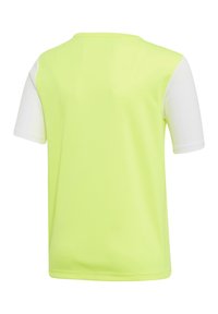 Sporthemd mit kurzen Ärmeln, neon-gelber Rücken und weißen Ärmeln, auf einem schlichten weißen Hintergrund präsentiert.