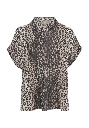 Leopardmönstrad kortärmad skjorta med knappar i beige och svart. Mjukt, lätt material med en avslappnad passform och kragdesign.