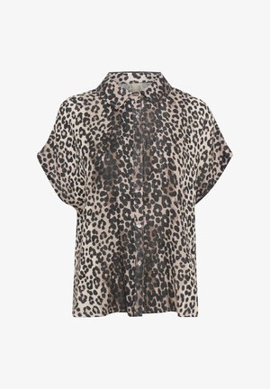 Košulja kratkih rukava s uzorkom leopard printa u bež i crnoj boji. Mekani, lagani materijal s opuštenim krojem i dizajnom ovratnika.