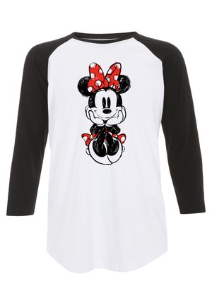 White t-shirt with black raglan sleeves featuring a graphic of a cartoon mouse with a red polka dot bow, sitting with hands on its cheeks.