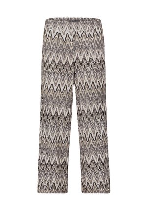 Gemusterte weite Hosen mit einem Zickzackdesign in Beige, Schwarz und Grau; aus einem leichten Stoff mit einer glatten Textur hergestellt.
