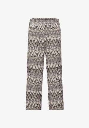 Pantaloni larghi a fantasia con design a zigzag in colori beige, nero e grigio; realizzati in un tessuto leggero con una consistenza liscia.