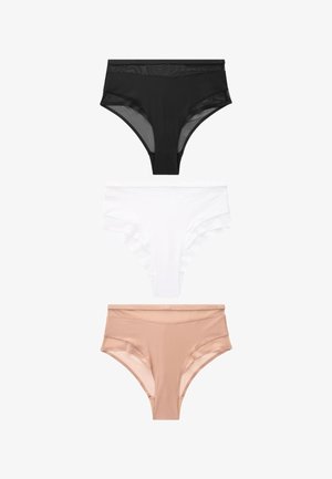 Drei hochgeschnittene Damenunterhosen in Schwarz, Weiß und Beige, vertikal auf einem weißen Hintergrund angeordnet.