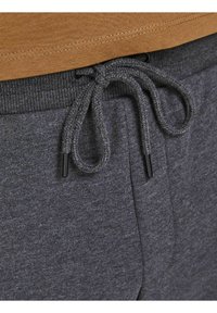 Šedé tepláky mají texturovanou látku, elastický pás s šňůrkou a černé akcenty na koncích. Pás je viditelný nad hnědým tričkem.