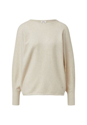 Beige geribbelde trui met lange mouwen, batwing mouwen en brede, aansluitende boorden, met een klein merklabel nabij de zoom.