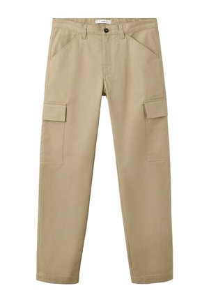 Beiget suoralahkeiset cargo-housut, joissa on sivulla läppätaskut, etutaskut, vyölenkit ja nappikiinnitys.
