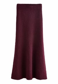 Burgundská pletená sukně do zvonu s texturovaným povrchem a elastickým pasem. Design je kotníkový s hladkým siluetou.