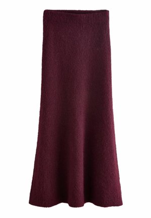 Burgundská pletená sukně do zvonu s texturovaným povrchem a elastickým pasem. Design je kotníkový s hladkým siluetou.