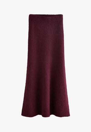 Burgunderfarbener, wollener Strickrock mit strukturiertem Oberflächenmaterial und elastischem Bund. Das Design ist knöchellang und hat eine glatte Silhouette.