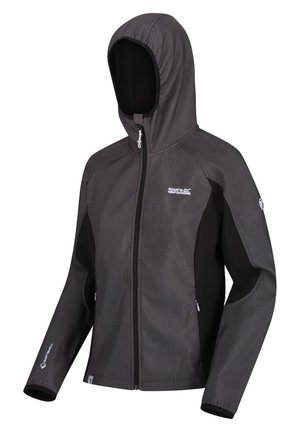 Veste softshell à capuche gris foncé avec panneaux latéraux noirs, fermeture éclair devant et logo blanc Regatta Great Outdoors sur la poitrine.