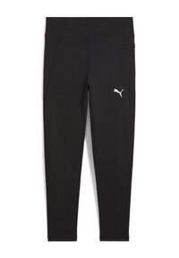 Černé sportovní legíny s širokým elastickým pasem a postranními kapsami. Na levém stehně se nachází bílé logo Puma. Hladký povrch.