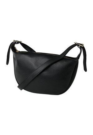Black pebbled leather crossbody bag with curved shape, adjustable strap with gold-tone buckles, and top zipper closure.