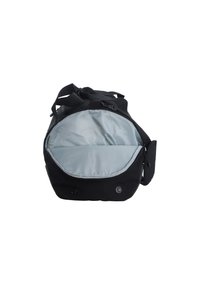 Black duffel bag with a zippered top, featuring a light gray interior lining and adjustable shoulder straps. Includes exterior button details.