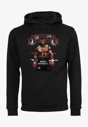 Black hoodie featuring a graphic of a muscular boxer with "DYNAMITE MIKE" text and "NYC BROOKLYN" logo, double drawstrings, and front pocket.