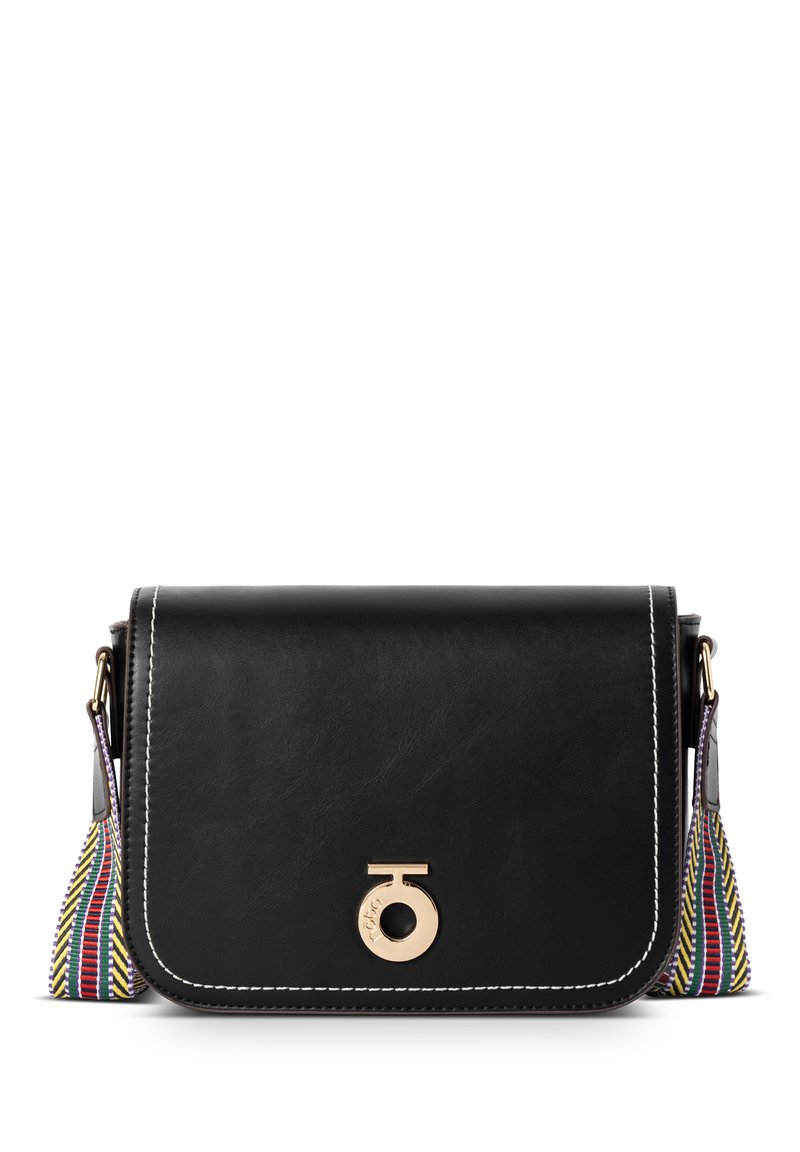Borsa a tracolla nera in pelle con hardware dorato, cuciture bianche in contrasto e un accento a frangia multicolore a strisce sul lato.