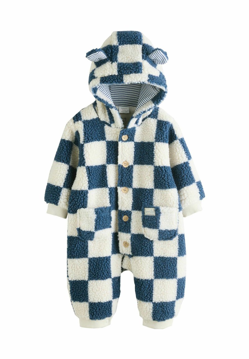Fleece-gefütterter Baby-Jumpsuit in blau-weißer Karomuster, mit Knopfverschluss, zwei vorderen Taschen und Bärenohrakzenten an der Kapuze.