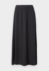 Jupe noire longueur cheville avec taille élastique et fente latérale, présentée sur un fond clair uni.